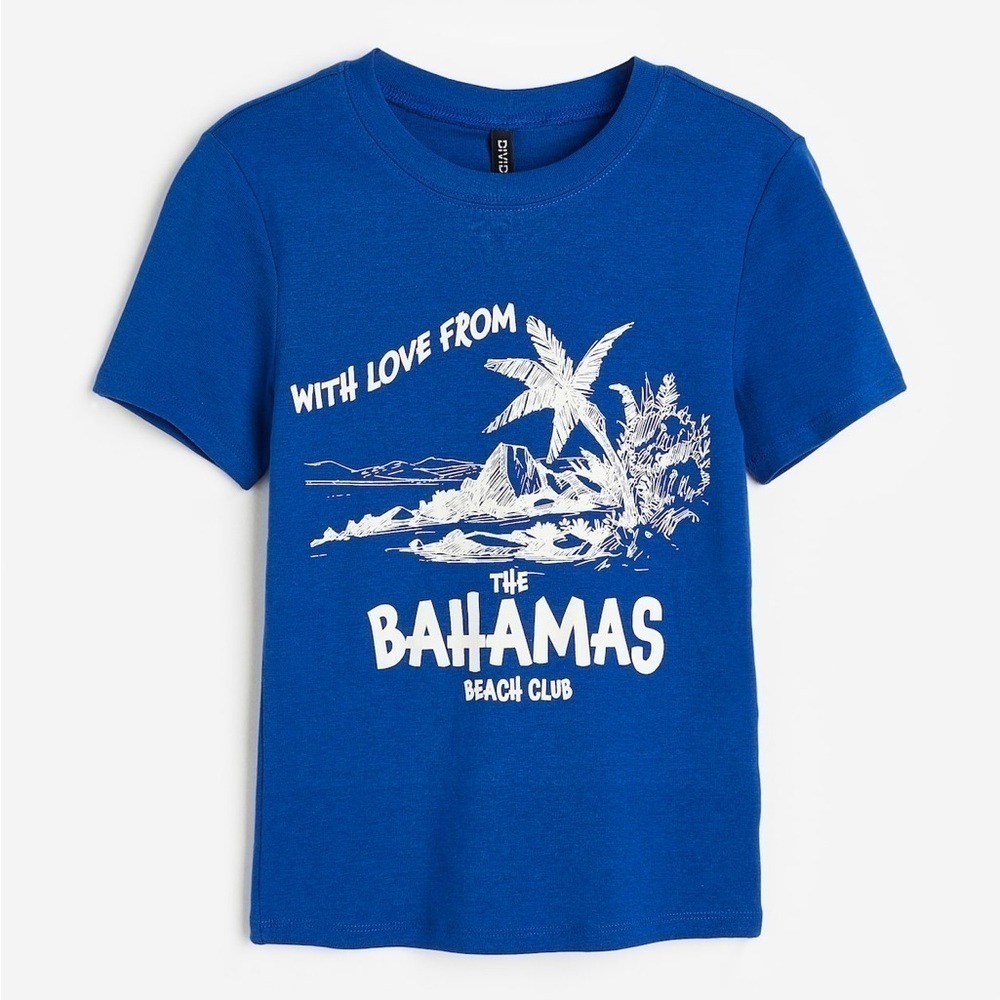 H&M Blue Bahamas Beach Club FITTED COTTON Tshirt Top Medium Short Sleeve